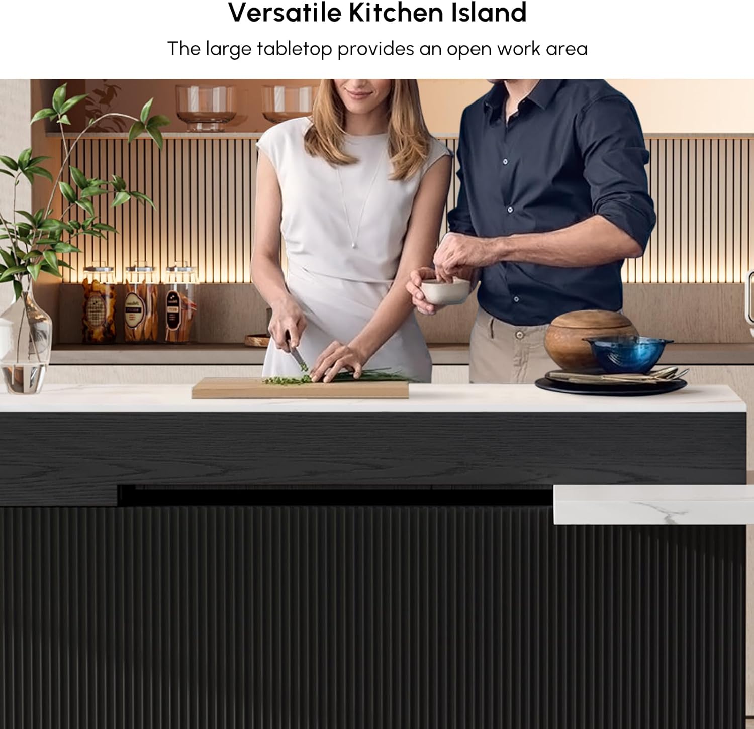Homary Ausziehbare Kücheninsel 81–106 cm, Moderne Kücheninsel mit Marmoroptik Arbeitsplatte, Küchenschrank mit Schubladen & Türen, Viel Stauraum für Küche & Essbereich