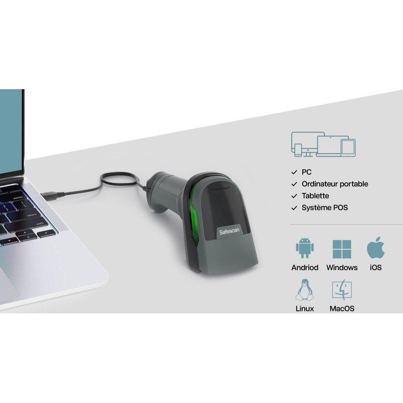 Safescan 330-W – Lecteur de codes-barres plug & play, avec support