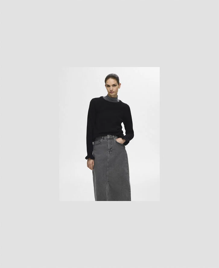 Selected Femme SLFLULU LS WOOL KNIT FRILL CUFF O-NECK N Sort