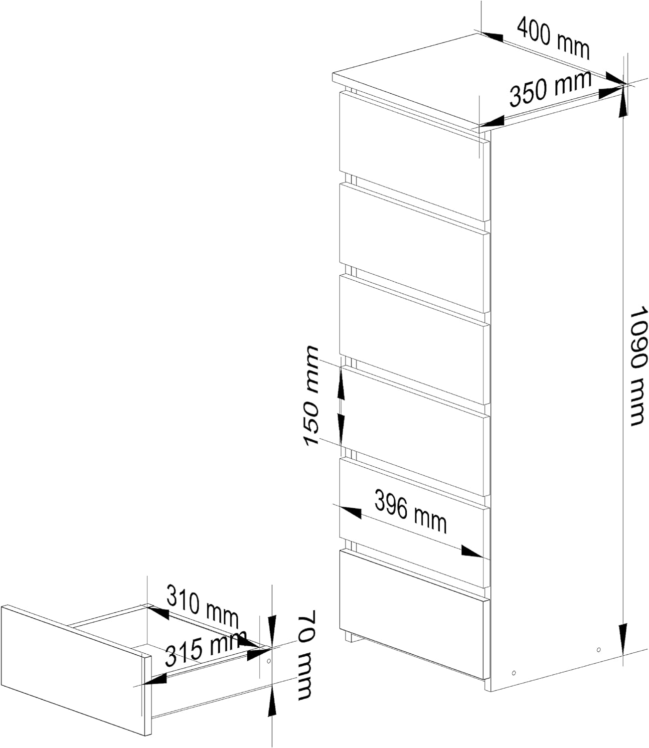 AKORD Kommode CL6 40 cm | 6 Schubladen | Schrank | für das Wohnzimmer | für das Schlafzimmer | B40 x H109 x T35 cm | Gewicht 25,5 kg | Weiß/Weiß