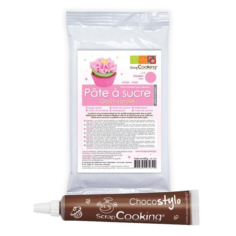 Pâte à sucre rose arôme vanille + Stylo chocolat Scrapcooking