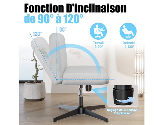 RATTANTREE - Chaise de bureau Fauteuil de bureau large sans accoudoirs gris clair