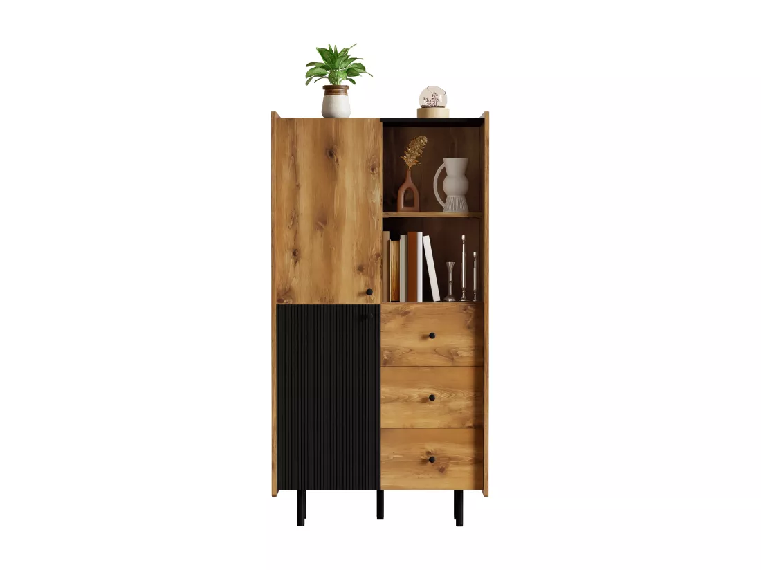 Vitrine H 160cm - avec 2 portes、3 tiroirs et 2 compartiments - Noir & Naturel