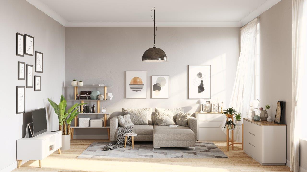 Scandi - TV-Möbel, Lowboard, Fernsehtisch mit 2 Türen mit Soft-Close und 2 offene Fächer, Massivholzfüsse, Scandi-Style