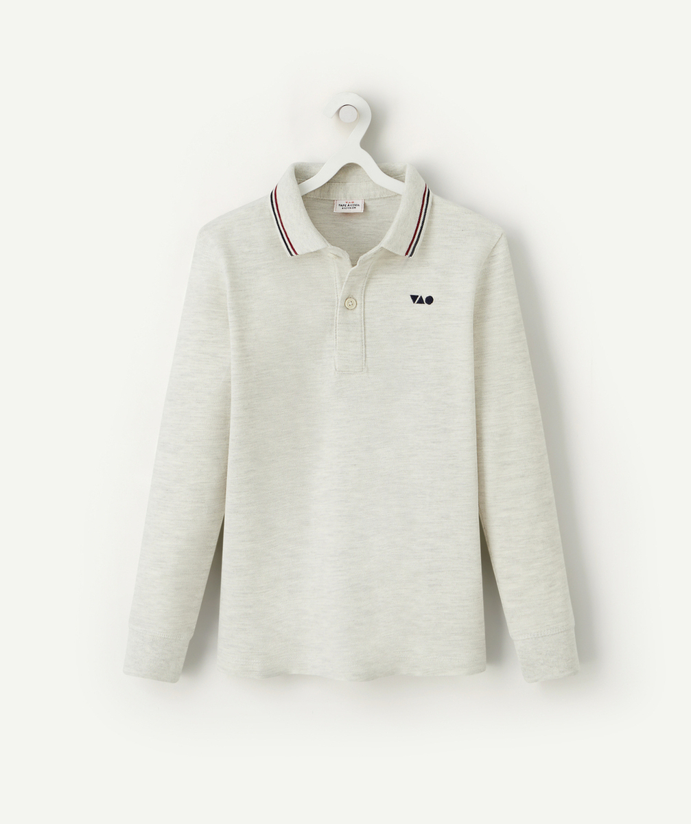 POLO GARÇON EN COTON ÉCRU CHINÉ AVEC MOTIF TAO BRODÉ