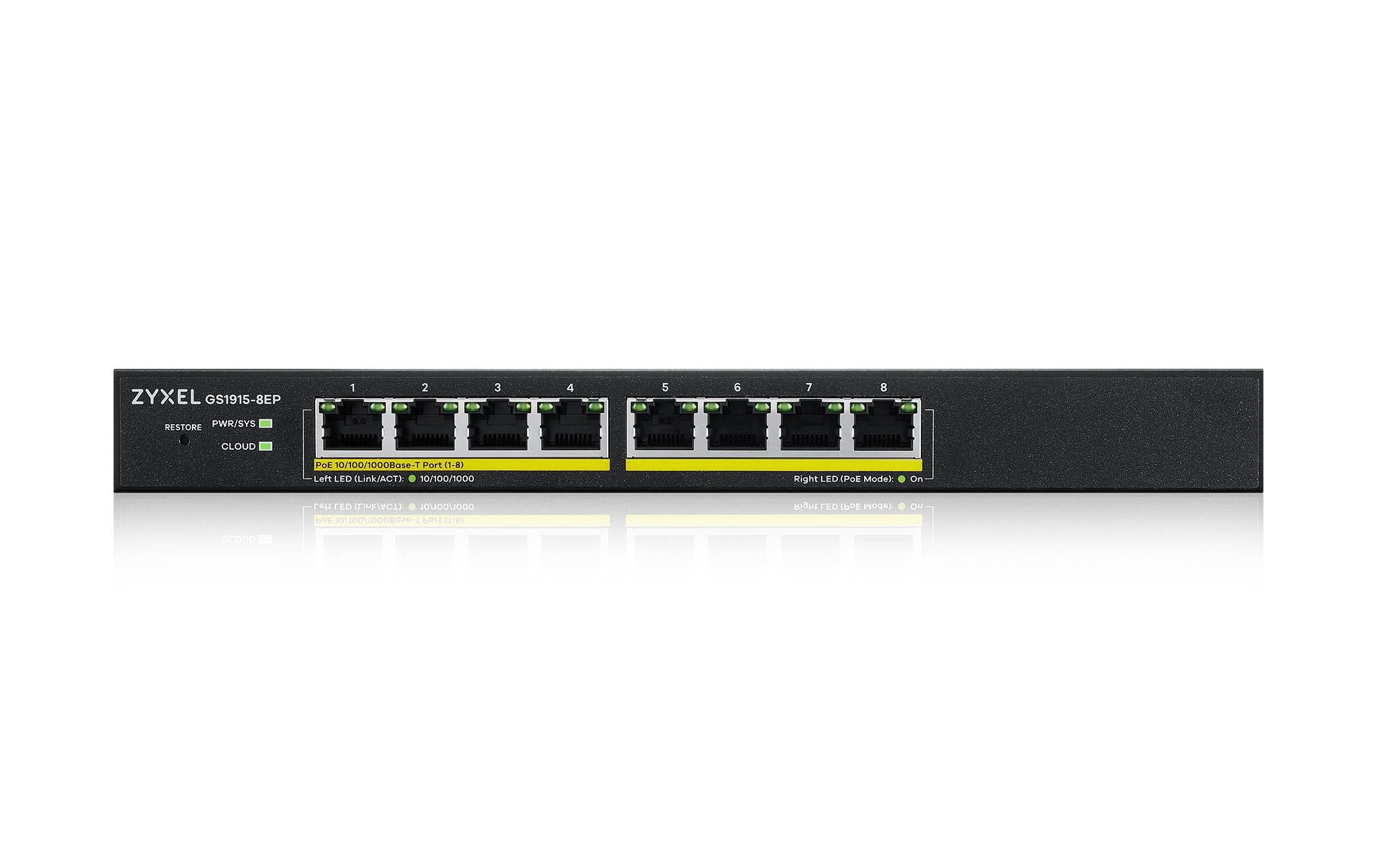 PoE+ Switch GS1915-8EP 8 Port<br>Smart-Managed GbE-Switch mit 8 Ports mit Nebula