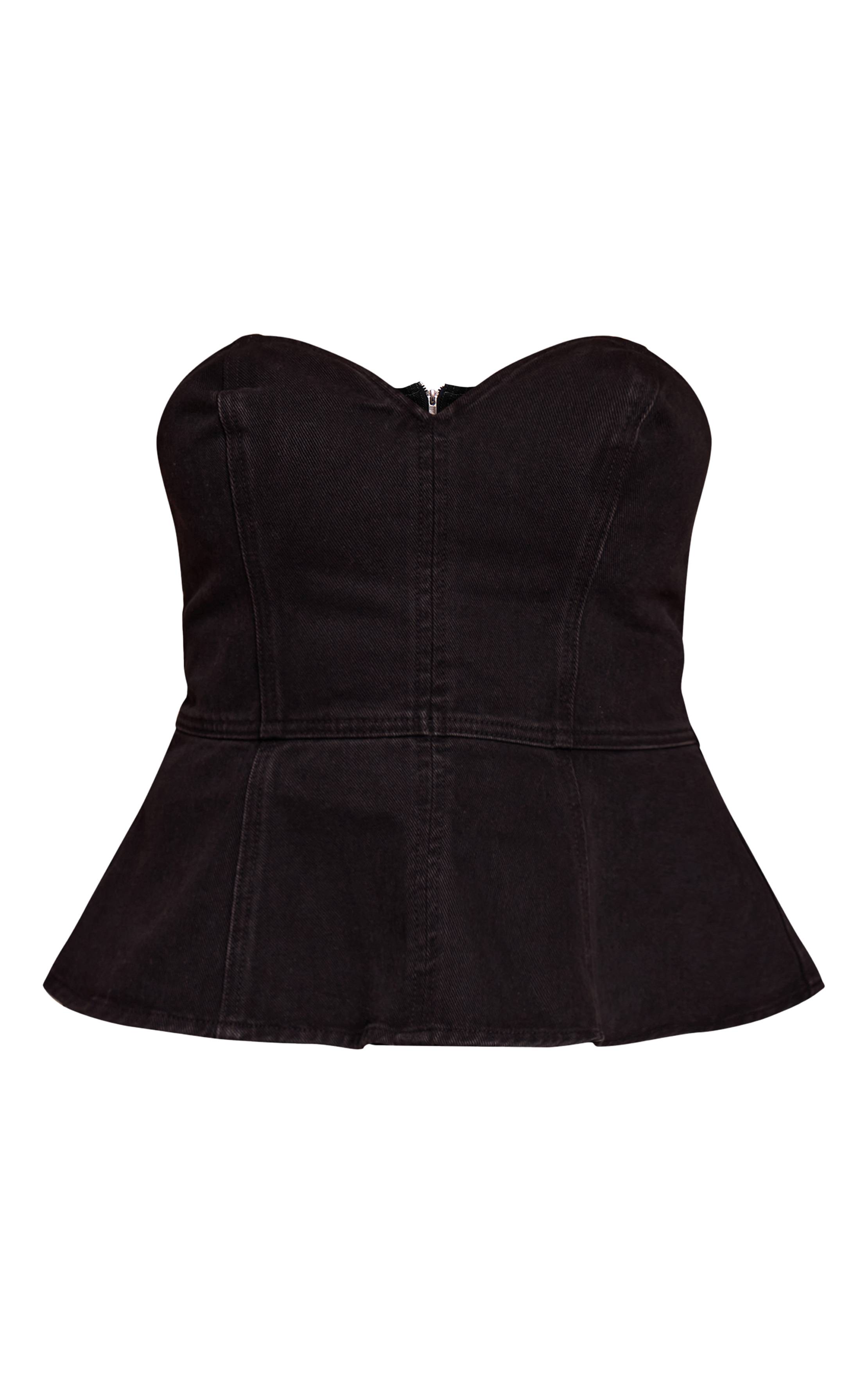 Noir Top En Denim À Basque Col Cœur Shape