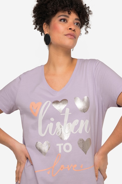 T-Shirt, Straight Fit, Herz-Druck, Halbarm