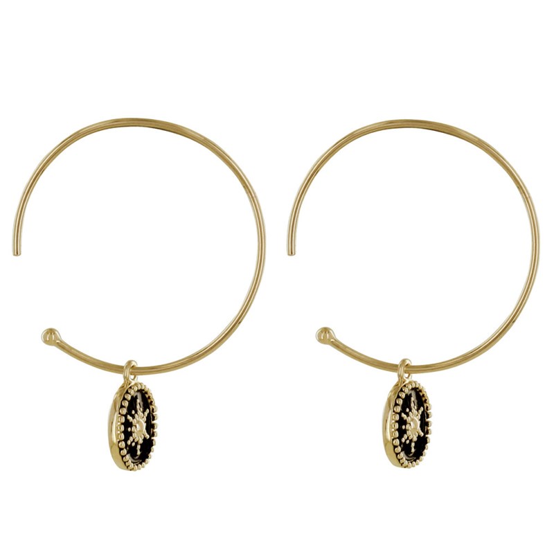 Boucles d'Oreilles Plaqué Or Demi Créoles Soleil Émail Noire