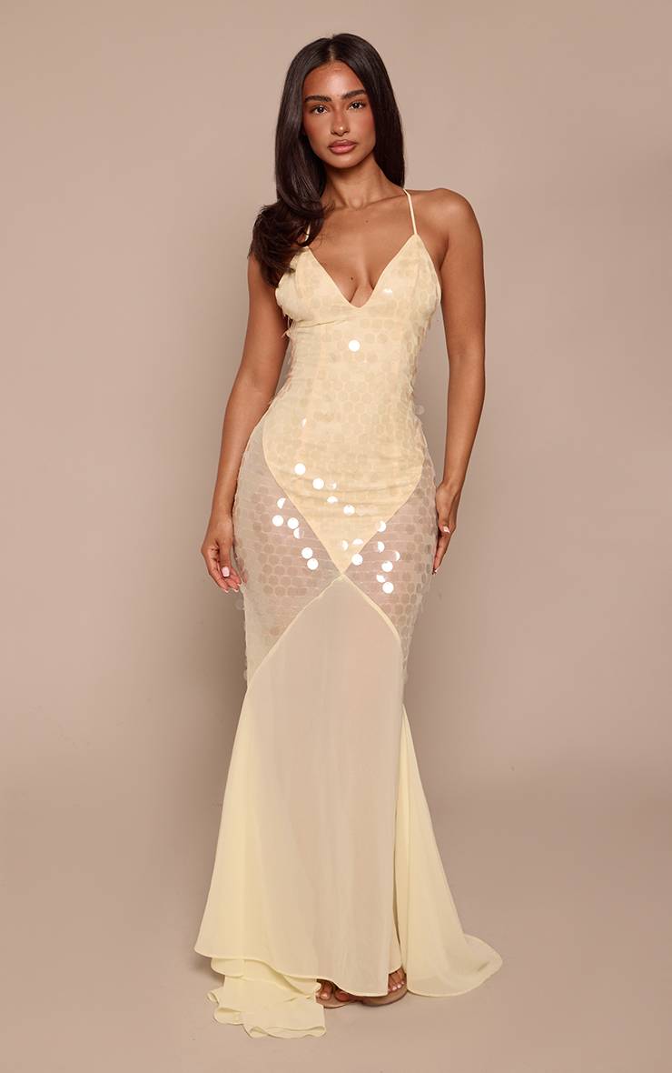 Butter Yellow Robe Longue Petite Taille À Col V En Mousseline Avec Buste À Sequins Citron Et Bas Sirène