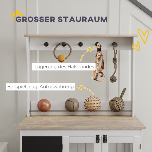 Hjem Hundebur Hundebur med 3 dører Lekeoppbevaringsstativ Hundehus med kroker Skrivebrett viskelær for store hunder Hvit