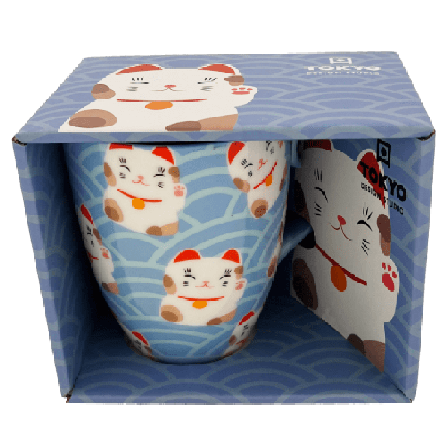 Kawaii Gelukskat Mok Wit Blauw 8.5x10.2 cm 380ml