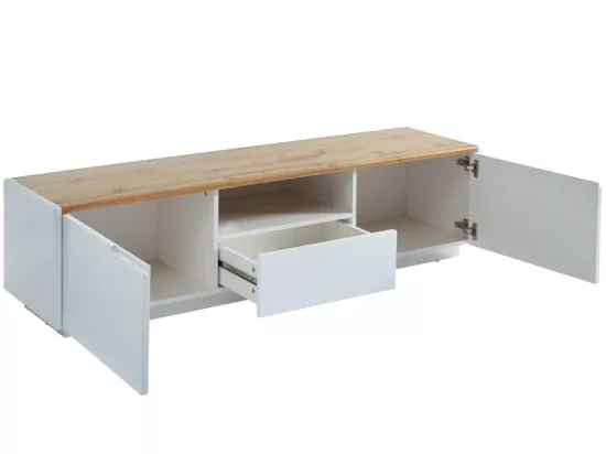 Meuble TV AMANI - 2 portes & 1 tiroir - MDF - Coloris: Blanc laqué et chêne