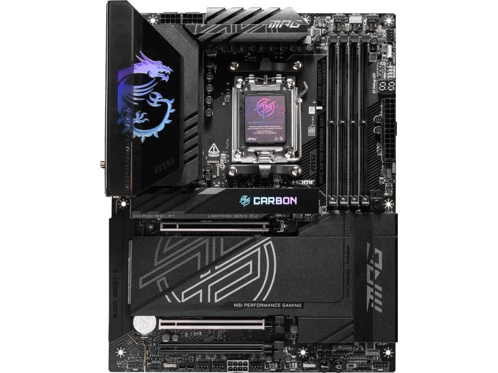 MSI MPG X870E CARBON WIFI - Bundkort - ATX - Socket AM5 - AMD X870E Chipset - USB 3.2 Gen 2, USB4, USB-C 3.2 Gen 2x2 - 2.5 Gigabit LAN, 5 Gigabit Ethernet, Wi-Fi 7 - onboard grafik (CPU påkrævet) - HD Audio (8-kanaler)