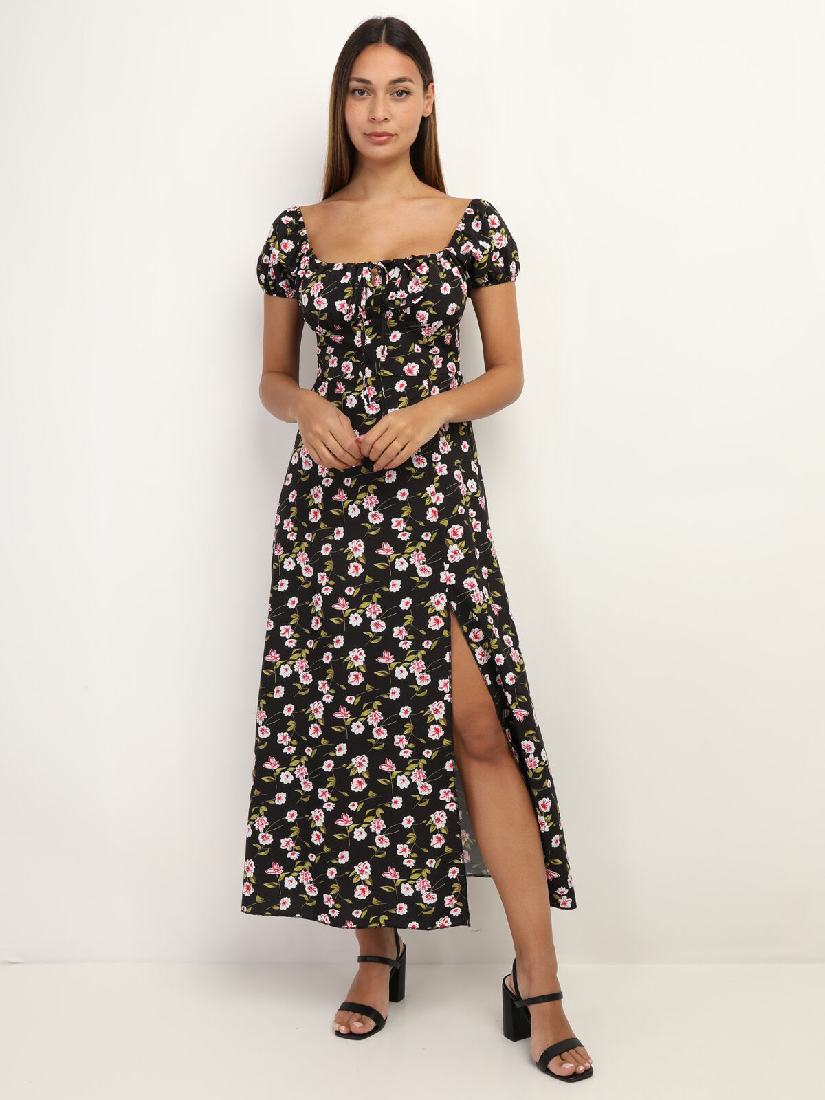Robe corset à imprimé fleurs- Noir