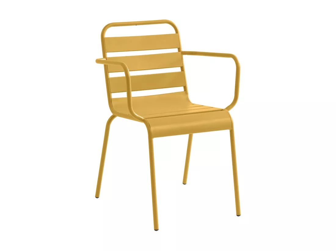 Salle à manger de jardin en métal - une table D.110 cm et 4 fauteuils empilables - Jaune moutarde - MIRMANDE de MYLIA