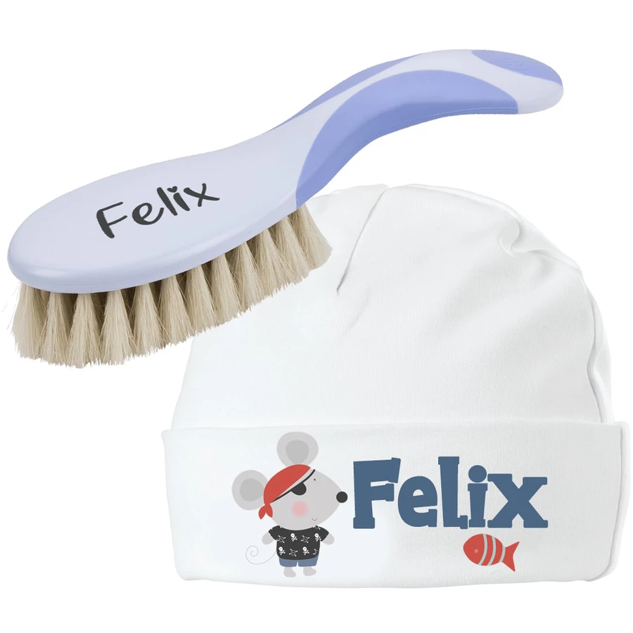 Schnullireich Geschenkset mit Namen NUK Baby Bürste mit Namen + Baby Mütze Pirat Blau