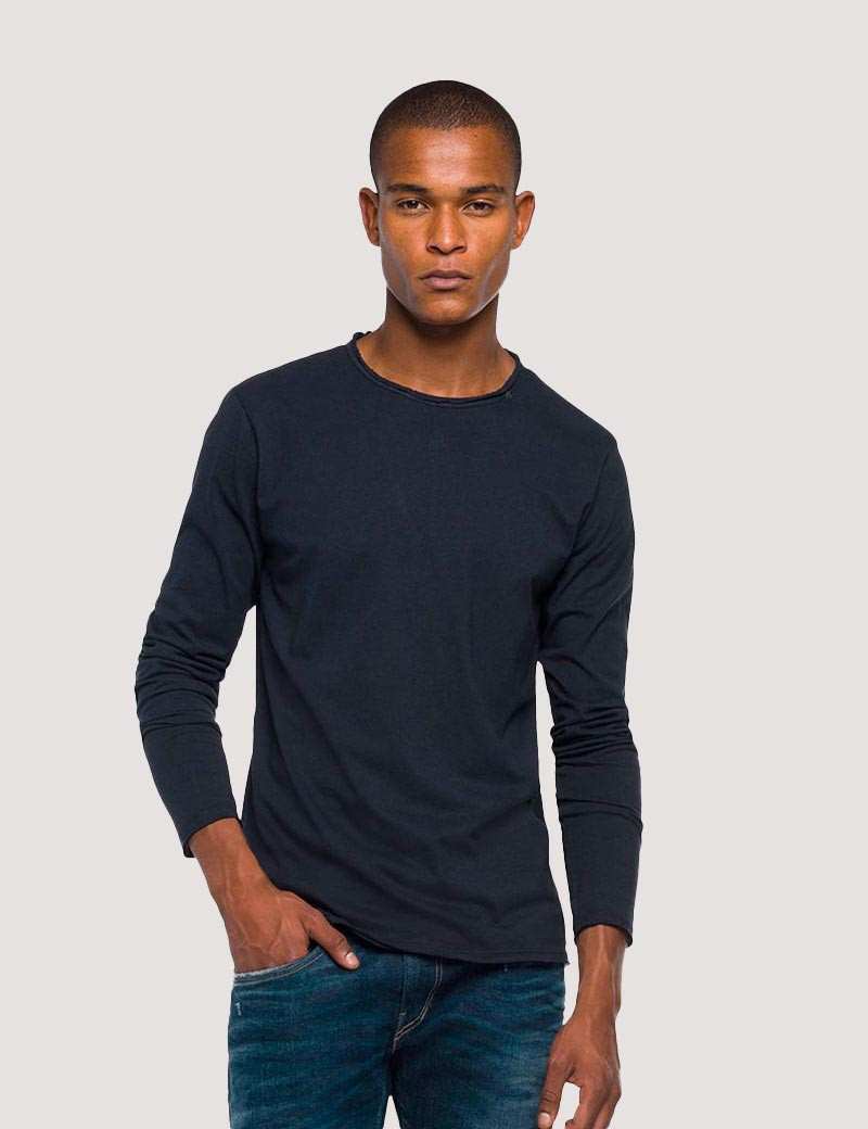 REPLAY T SHIRT HOMME MANCHES LONGUES BASIC COL ROND BLEU FONCÉ