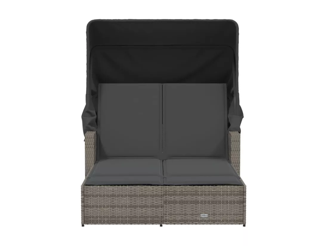Chaise longue double et auvent et coussins gris résine tressée