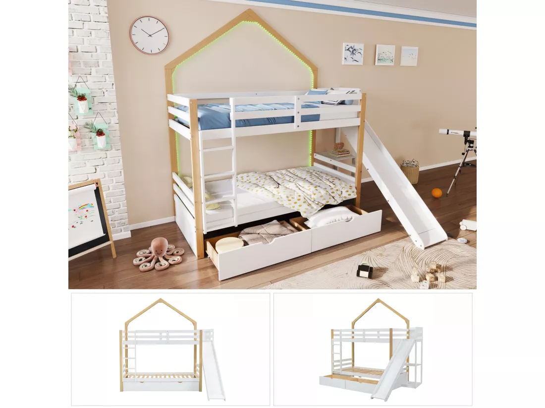 Lits superposés 2 x 90 x 200 cm - 2 tiroirs - avec LED - toboggan - Pin + MDF - Blanc + nature