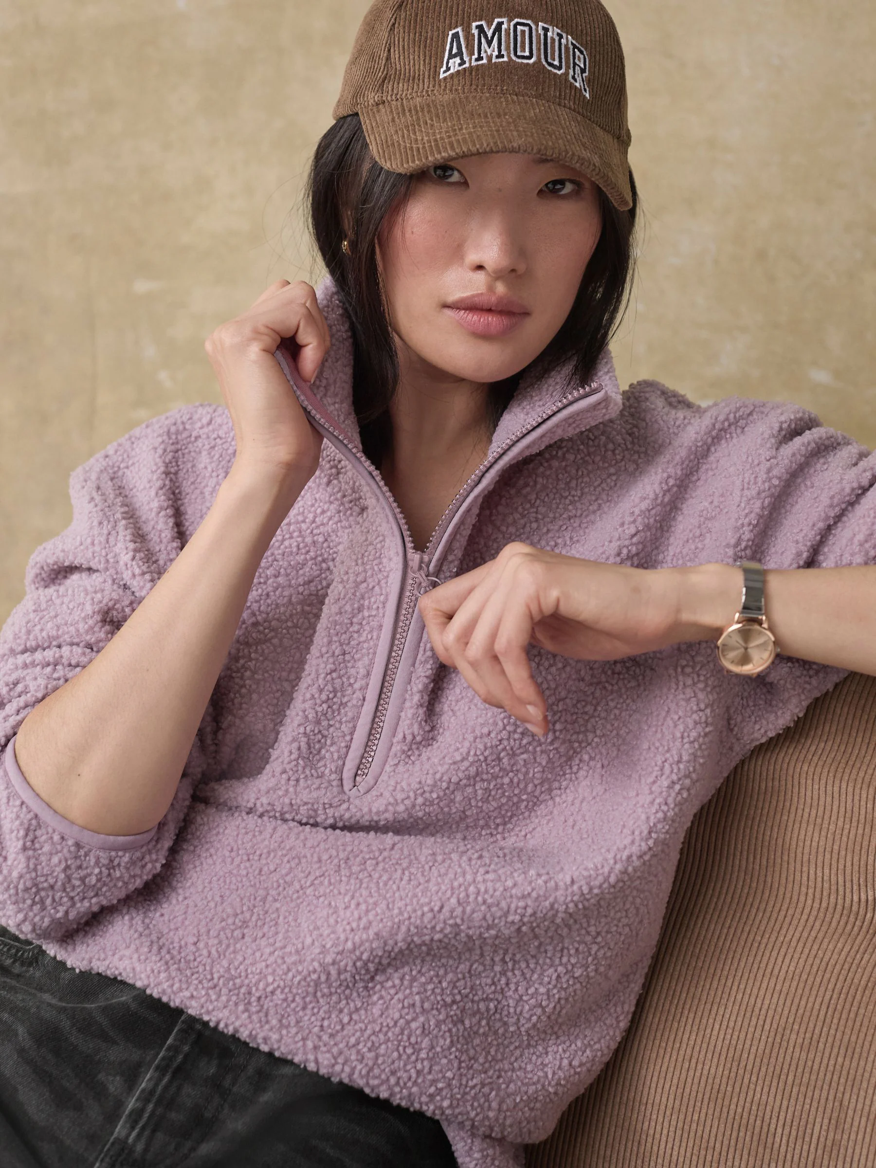 Mauve-paars - Teddy Borg knusse lange fleece met kwart ritssluiting