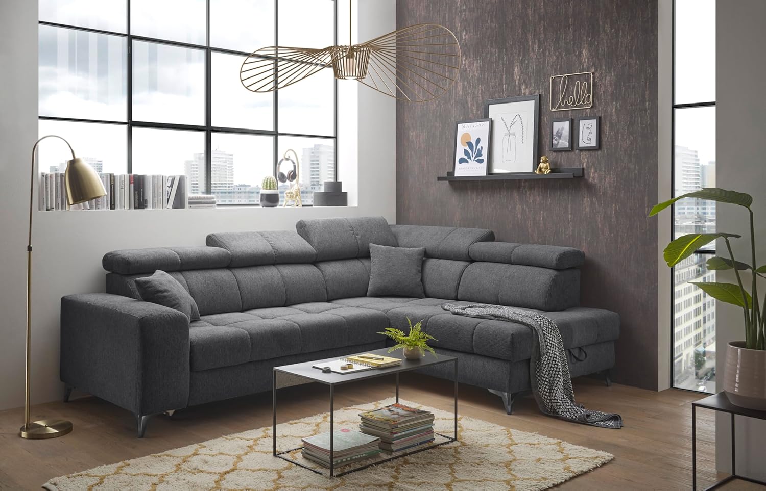 Sydney Ecksofa in Anthrazit - Moderne Eckcouch in L-Form mit Bettkasten, Kopfteil- und Sitztiefenverstellung - 282 x 86 (105) x 198 cm (B/H/T)