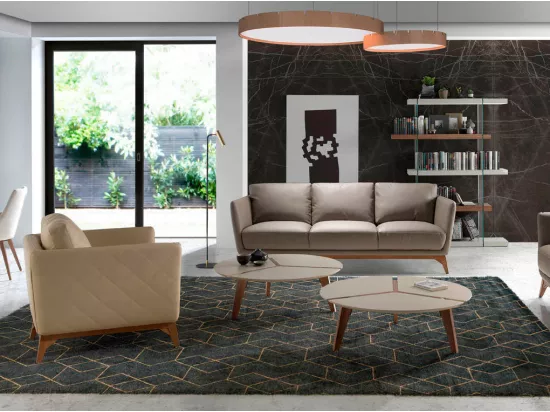 Canapé 3 places contemporain cuir capitonné et bois noyer Kila-Couleur Aqua 26 Violet