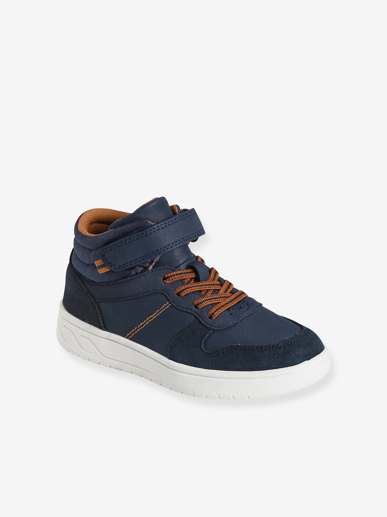 Tênis de cano alto com cadarços e fecho de velcro, azul escuro liso para meninos