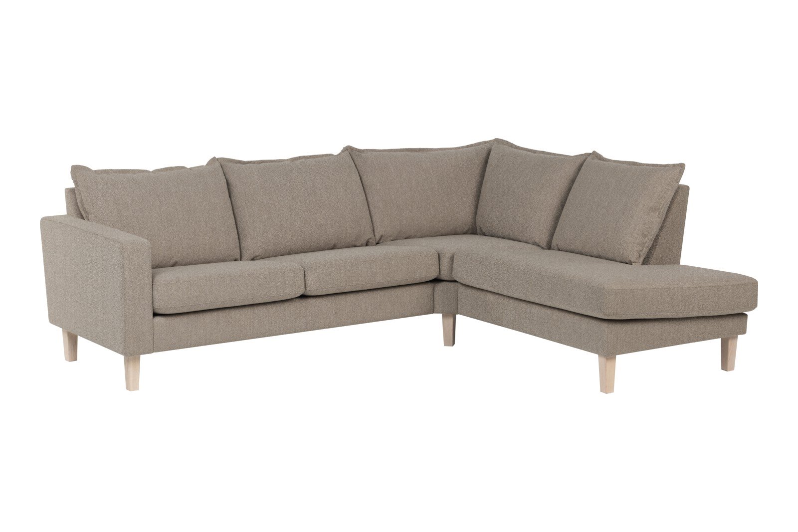 Slogen hjørnesofa Oppsett AH. 2,5-seter med åpen ende høyre. Tekstil Viva Earth med soft ryggpute. Vange B og hvitpigmentert ben 178.