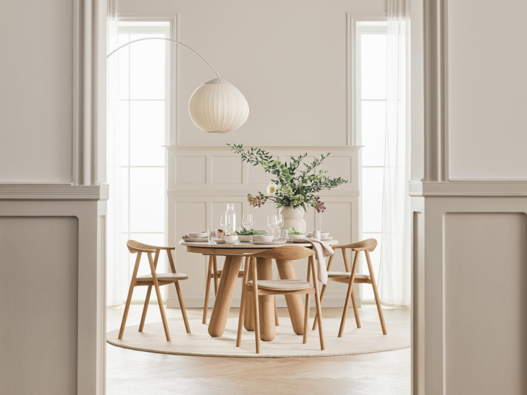 Bolia Balance eettafel Ø125 wit gepigmenteerd eiken Grigo Bottarga Marble