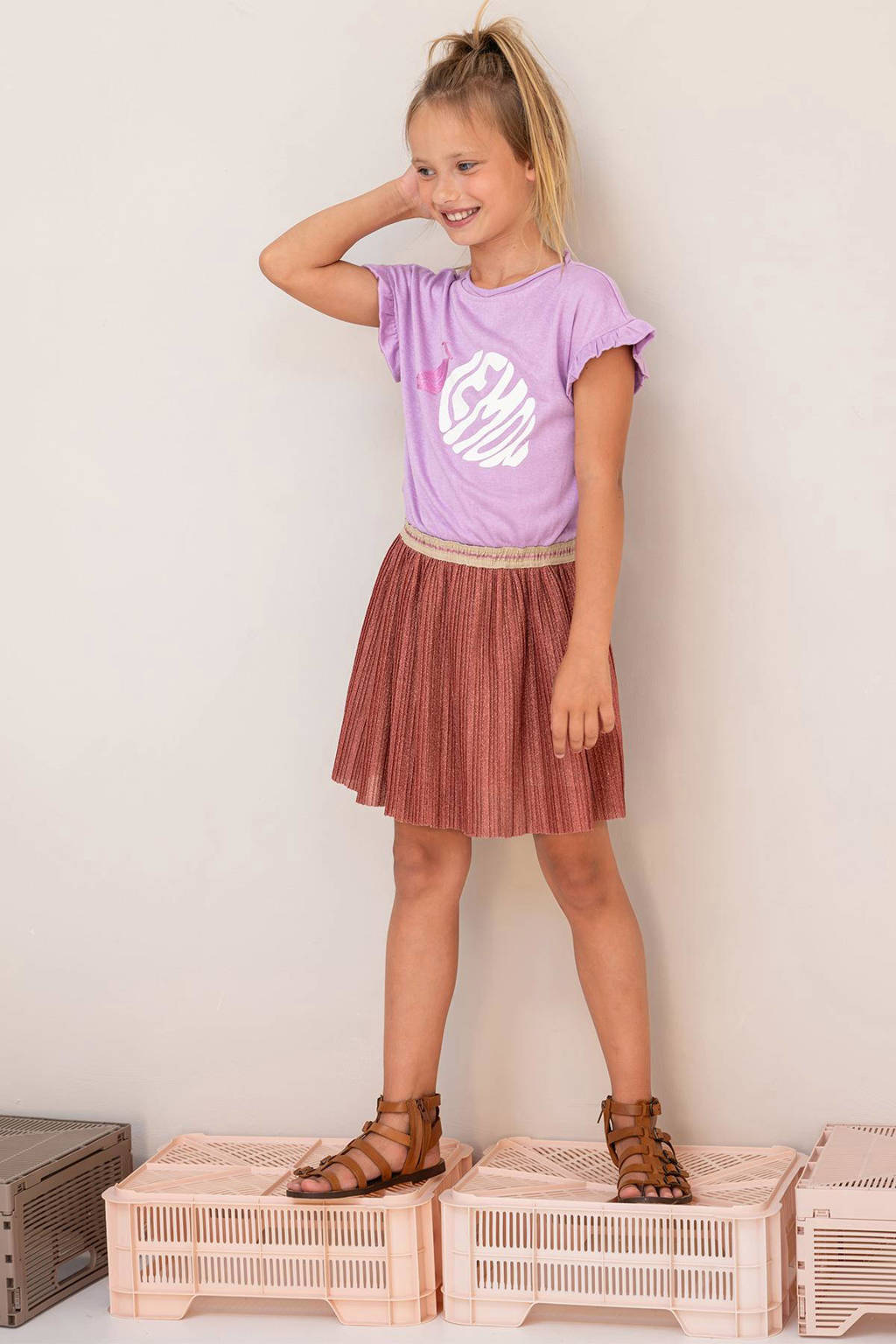 Like Flo jurk met printopdruk en ruches lila/bruin