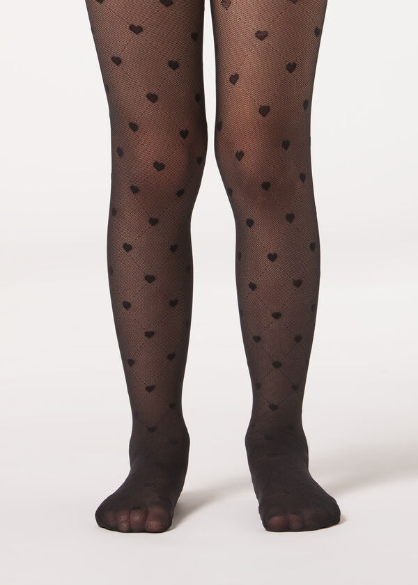 Meia-calça transparente infantil com estampa de diamantes e corações, 30 denier.