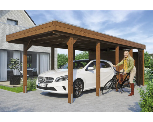 SKAN HOLZ Friesland enkele carport inclusief berging, 314x708 cm, notenhout