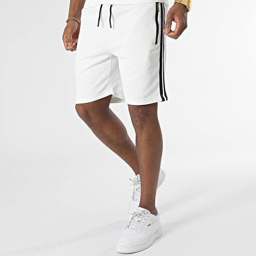 Ensemble Tee Shirt Et Short Jogging A Bandes E389 Blanc