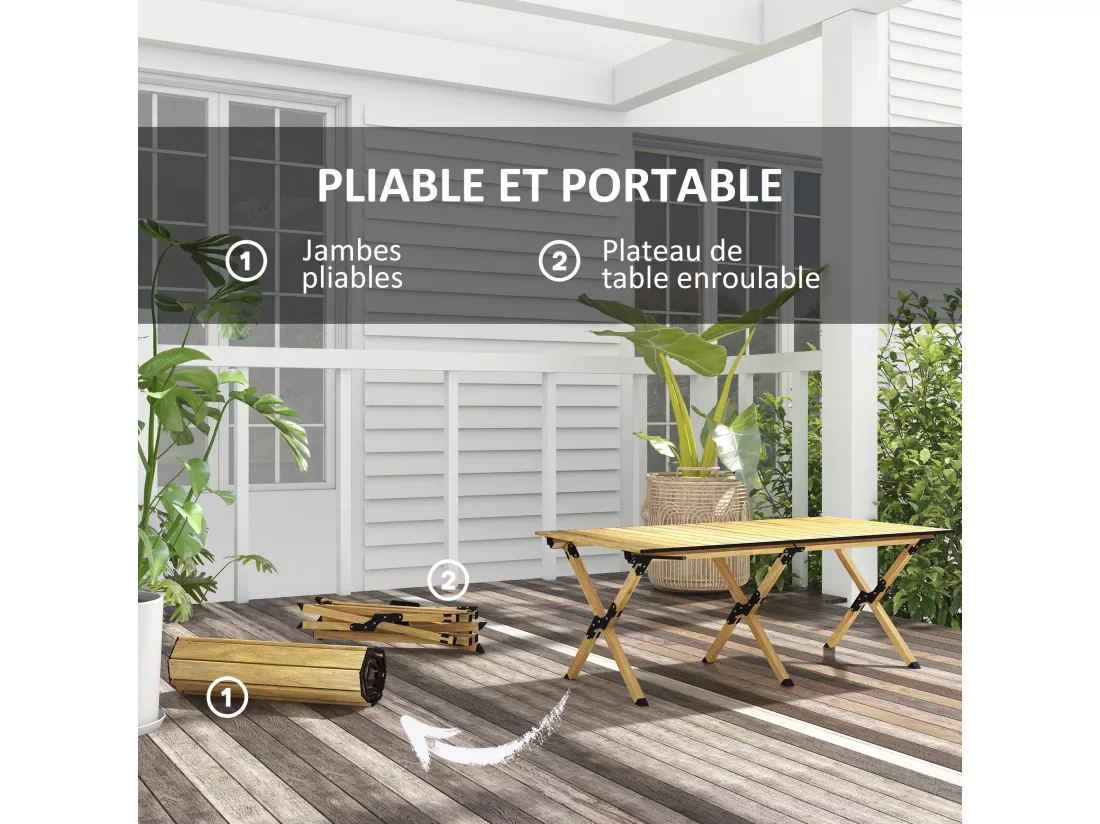 Table de camping pique-nique pliable - plateau enroulable - acier alu aspect bois naturel