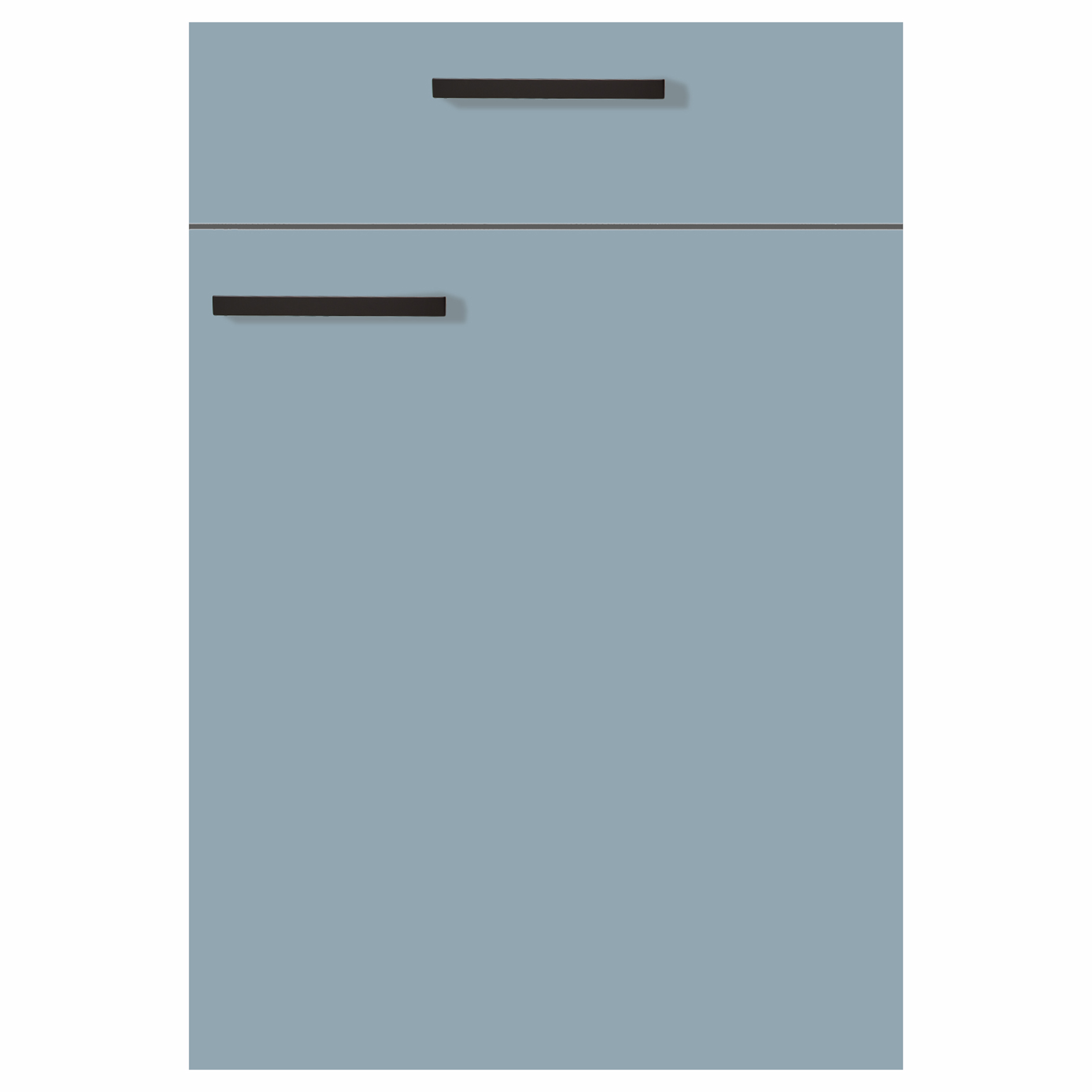 pino Küchenblock PN105 - Pastellblau-Lichtgrau - mit E-Geräten - Kühlschrank rechts - 280 cm