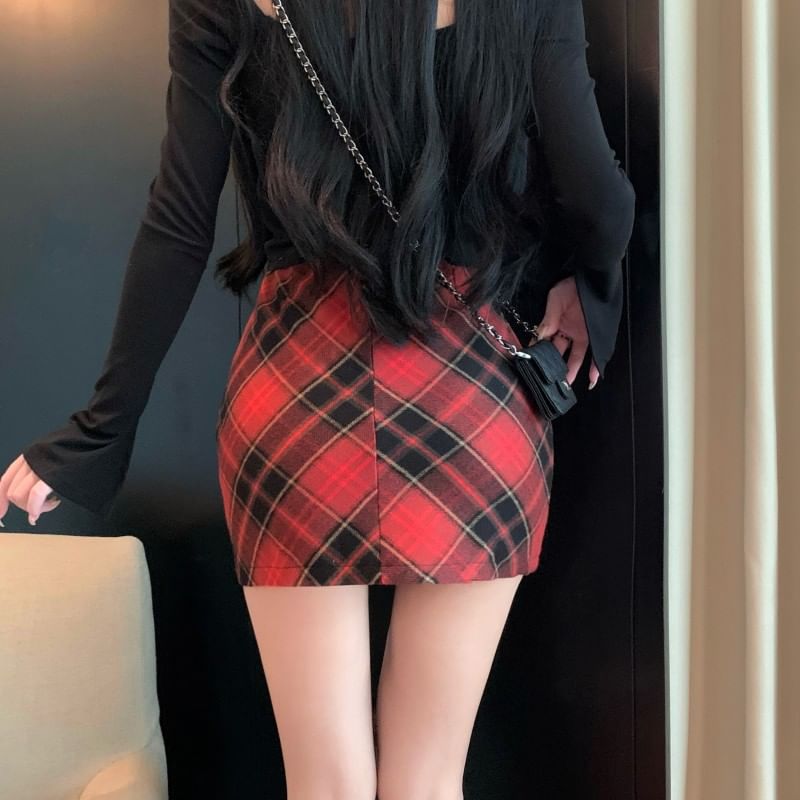 Metonymph - Mini-kokerrok met hoge taille en ruitmotief