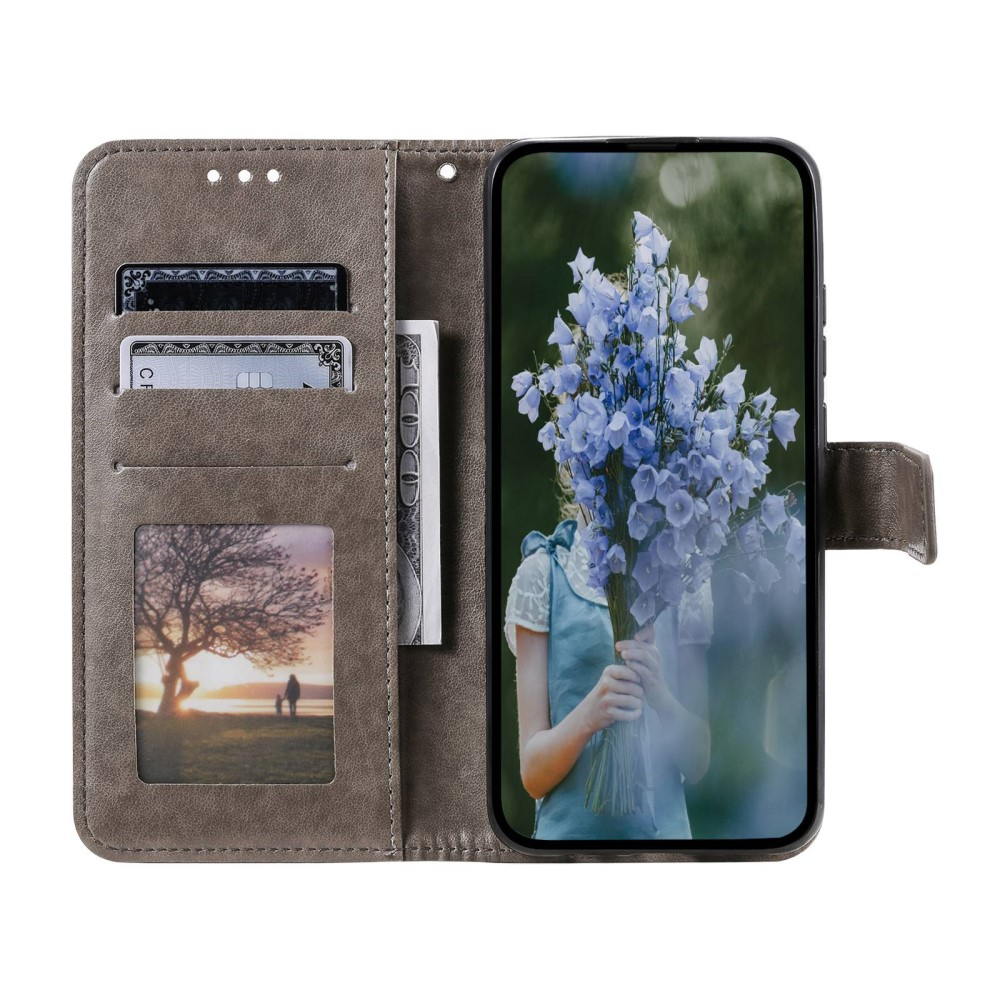 Samsung Galaxy S23 Ultra 5G Leder Tasche Wallet - Mandala Flowers Imprint - Grau