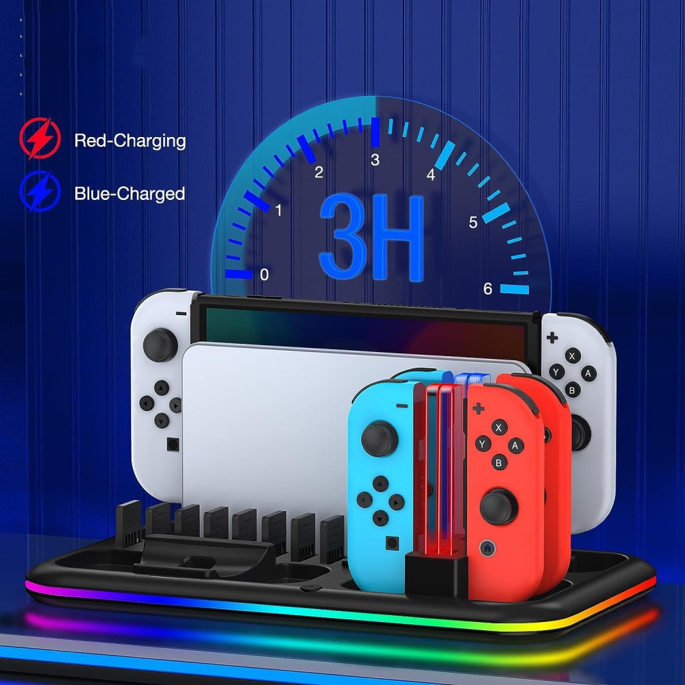 (5-fach) Ladestation Charging Dock für Nintendo Switch / OLED Joy-Con und Pro Controller   Spielehalterung mit RGB Beleuchtung - Schwarz