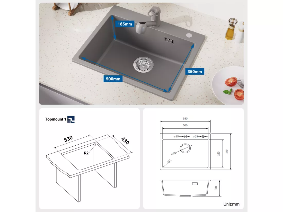 Évier Cuisine 1 Bac en Granit,55*45*20cm,Kit de Vidage,Évier Cuisine Encastré,Trous de Montage pour Robinet/Distributeur Savon,Gris,EU Modèle