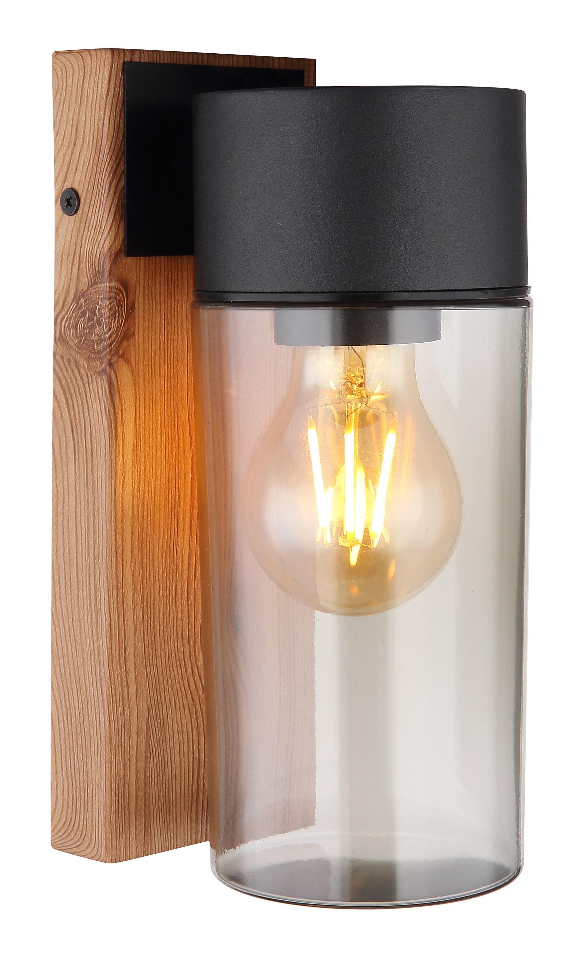 GLOBO Retrofit Außenwandleuchte Etsi 1-flg Holzoptik braun /Schwarz /Rauchfarbig 9x12,4cm H.22,5cm Metall,,spritzwassergeschützt,Außen