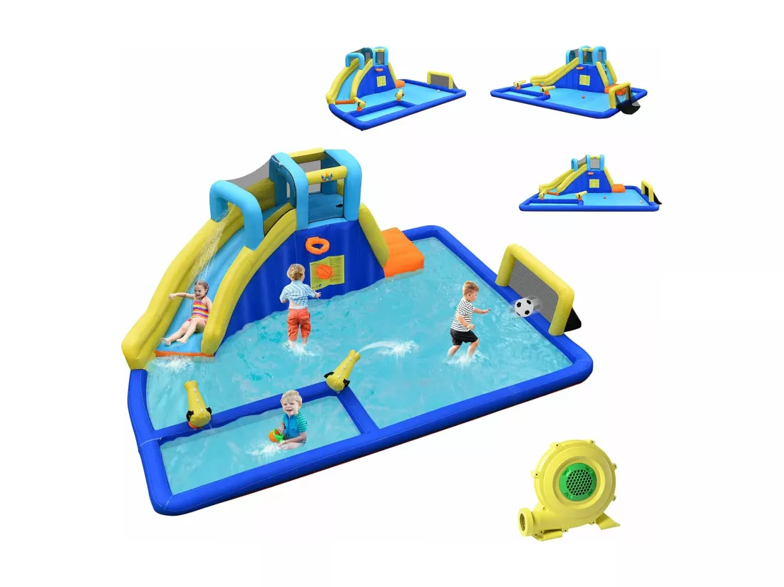 6 en 1 Château Gonflable Aquatique avec Piscine et Toboggan, Maison de Rebond Gonflable avec Panier de Basket, Mur d’Escalade, Pataugeoire pour Enfants de 3 Ans+(avec souffleur 680W)