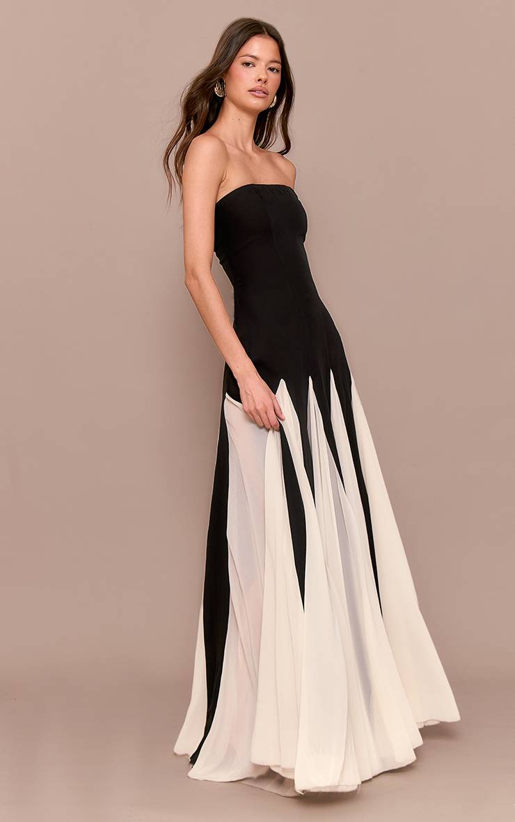 Noir Robe Maxi Bandeau Plissée En Mousseline Contrastée