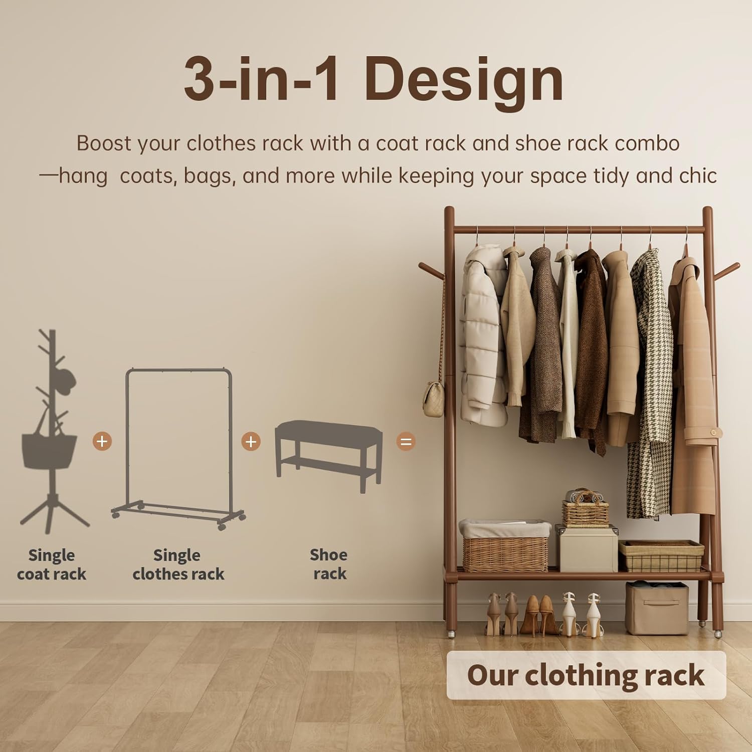 AQIMUELE Kleiderständer, Mobiler Garderobenständer aus Massivholz, Garderobe, Kleiderablage, mit Stange, Regal und 4 Haken, Einfache Montage, für Schlafzimmer und Garderobe (Walnuss - mit Rollen)
