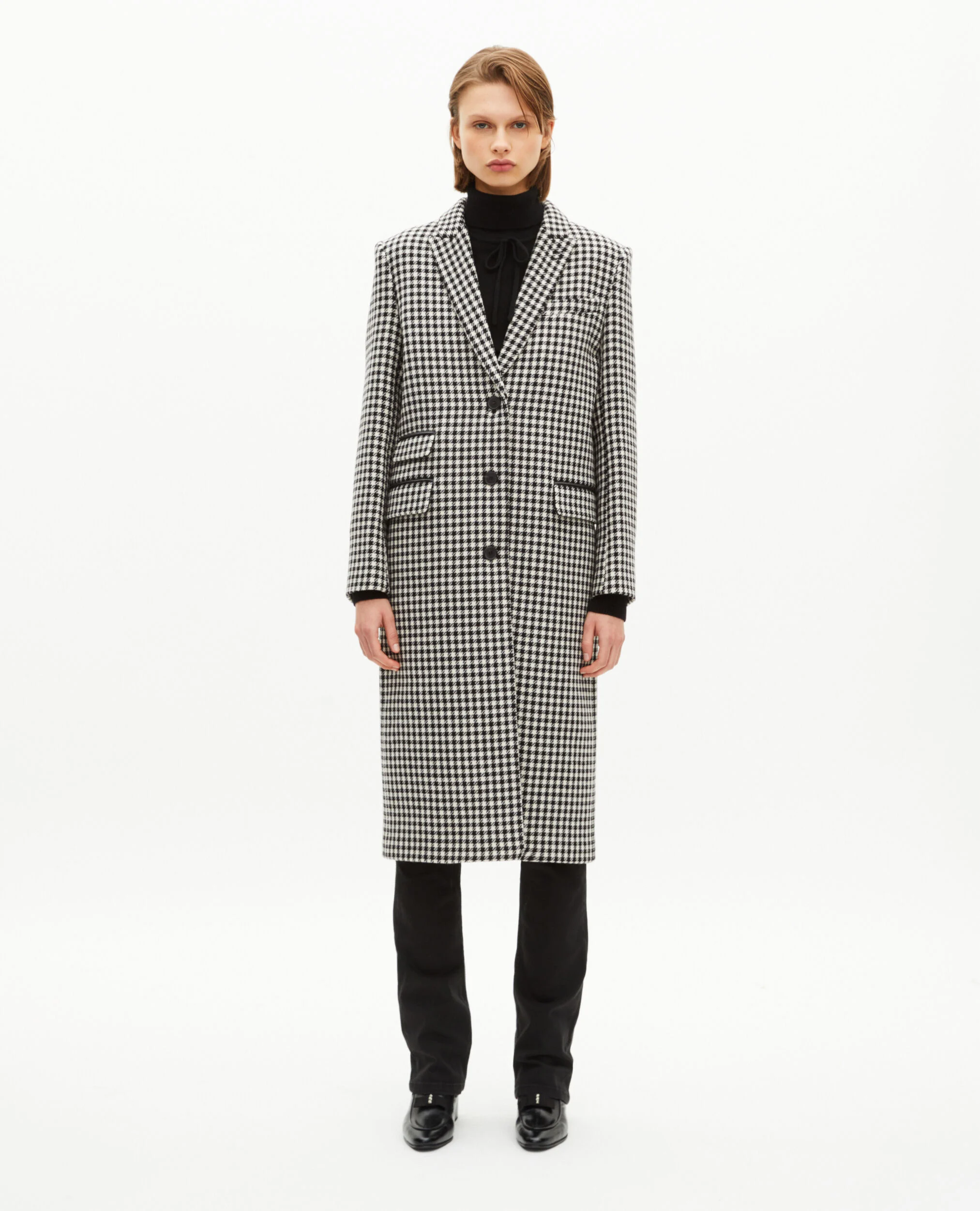 Manteau long pied de poule en laine noir et blanc