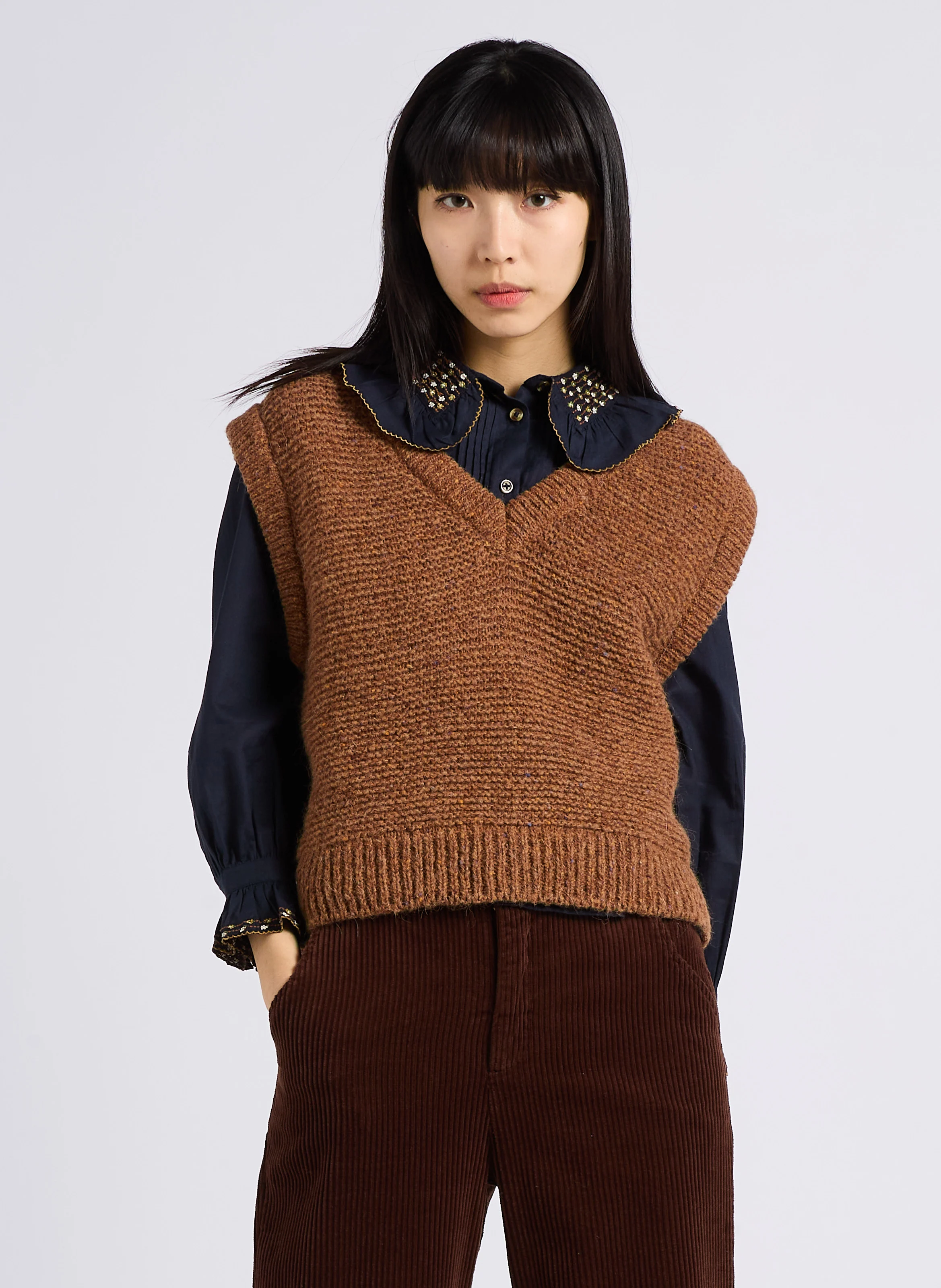 AMELOT - Top col V en laine mélangée| Beige