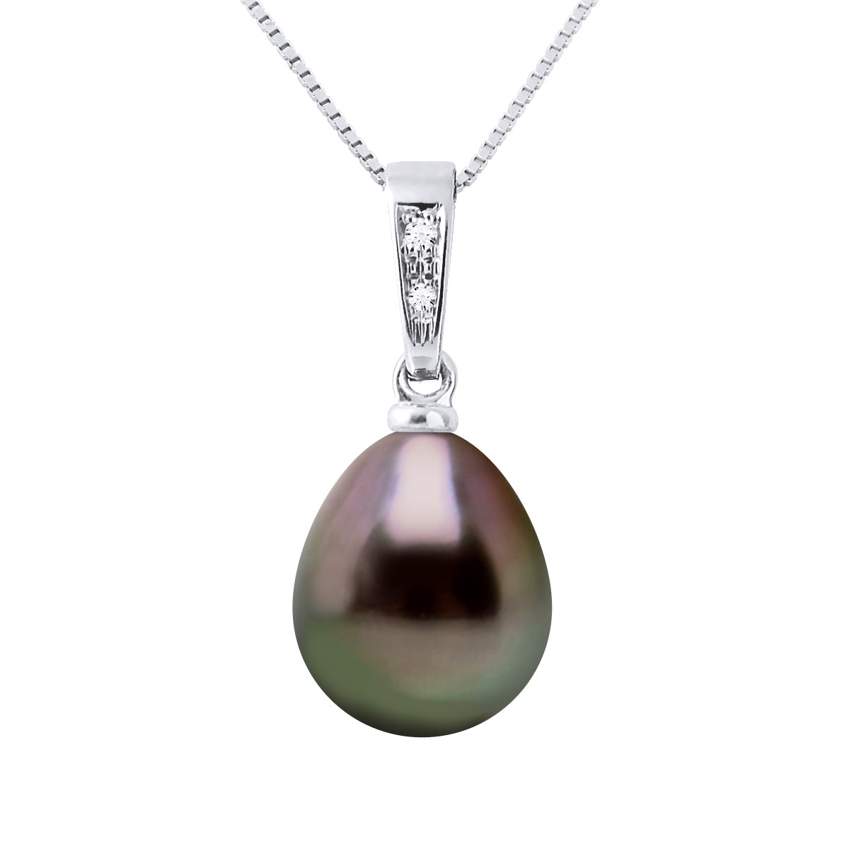 Pendentif Diamants 0,010 Cts et Perle de TAHITI Poire 9-10 mm Or Blanc 18 Carats Livré avec Chaîne