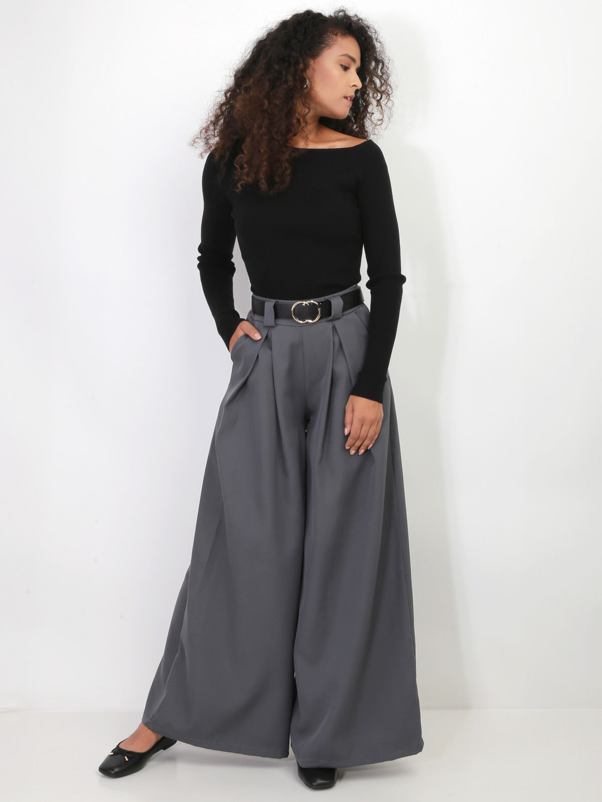 Pantalon à pinces large avec ceinture- Gris foncé