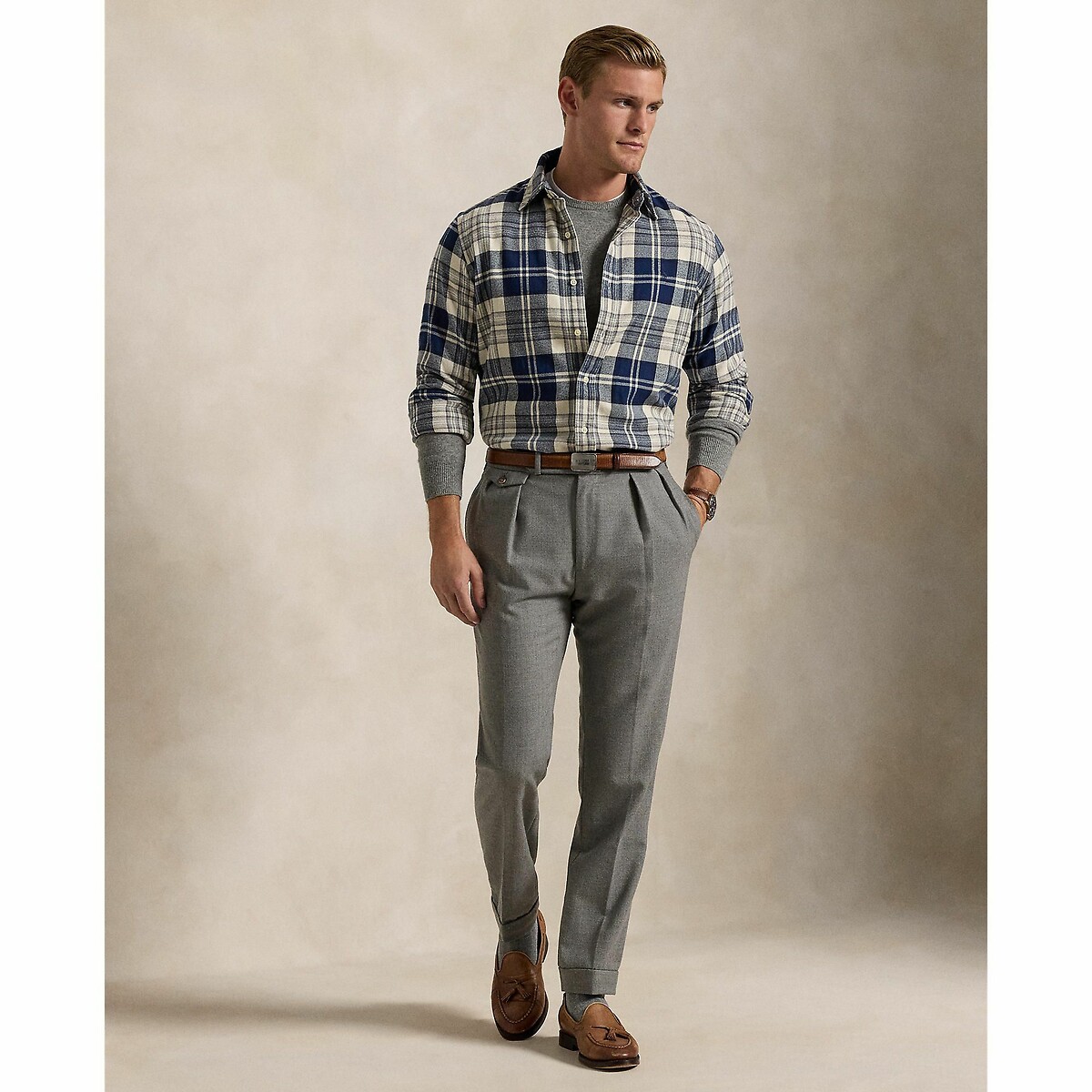 POLO RALPH LAUREN<br>Camisa reta com estampa xadrez e mangas compridas