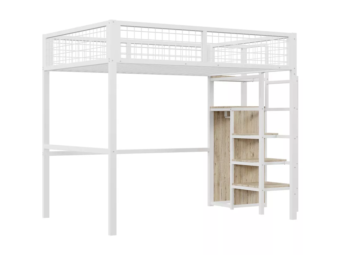 Lit mezzanine enfant 140x200 cm avec structure en fer - avec échelle de rangement et une penderie - Blanc